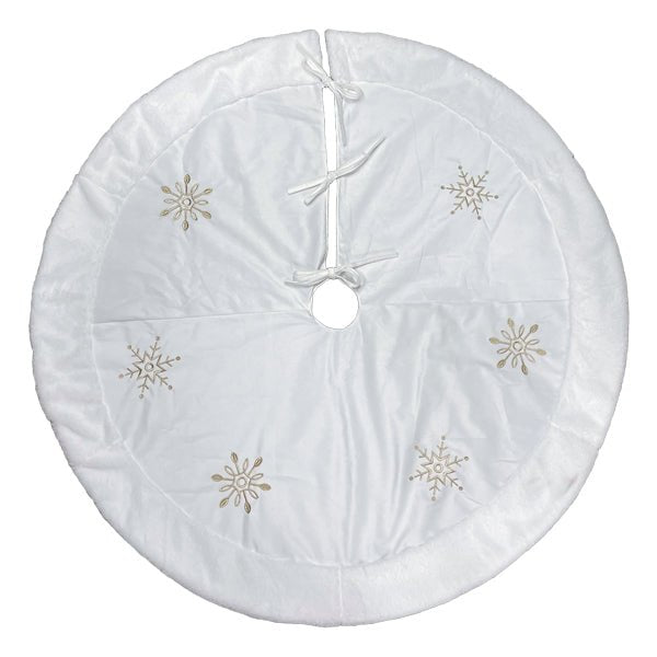 Ivory round tree skirt with gold embroidered snowflakes and plush faux fur trim, flat overhead view