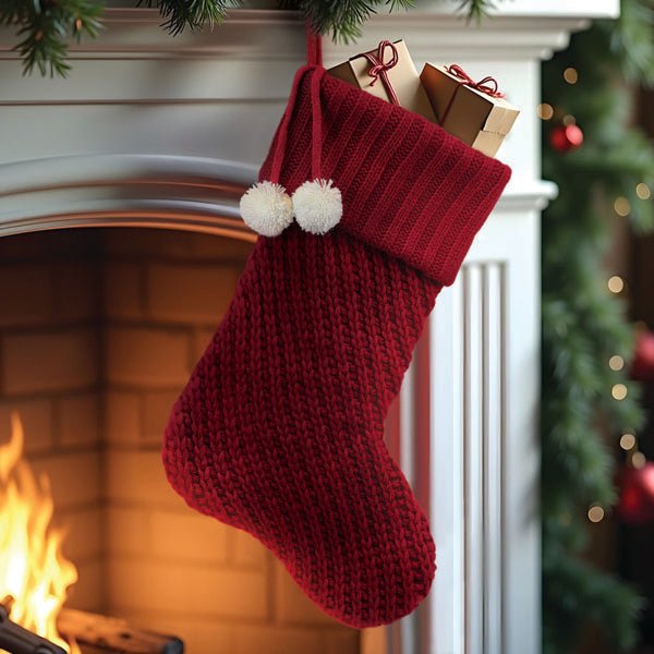 Red knit stocking with white pom poms hanging from a mantel above a lit fireplace, filled with wrapped gifts
