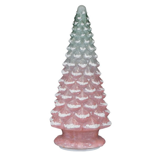 Pink and mint glass tabletop Christmas tree with frosted tips, unlit on white
