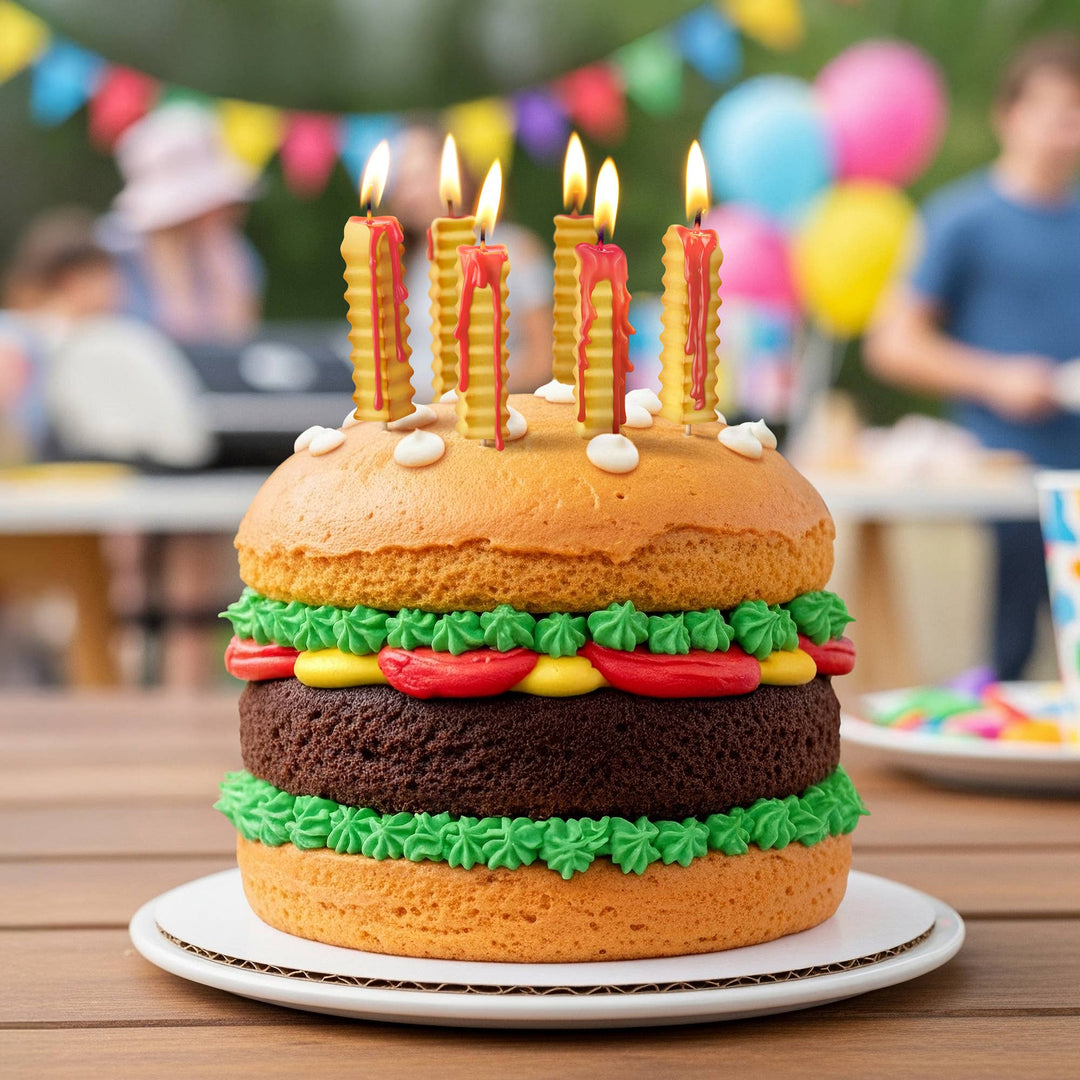 French fry birthday candles lit on a hamburger-shaped birthday cake at an outdoor party with colorful balloons and bunting