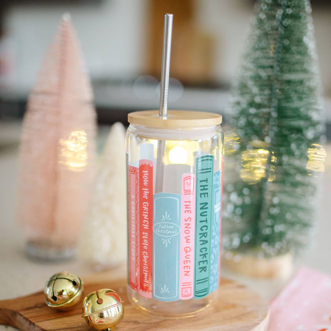Holiday Books Glass Can Tumbler With Straw Bonjour Fete Party Supplies Christmas Holiday Kitchen & Entertaining