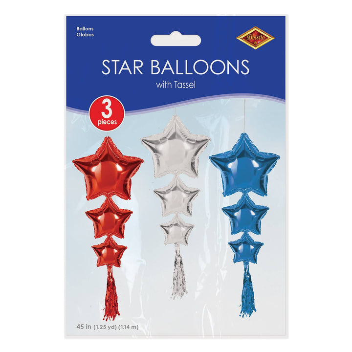 Beistle Star Balloons with Tassels (red, silver & blue 3 pk) Beistle Beistle Star Balloons with Tassels (red, silver & blue 3 pk) Bonjour Fete - Party Supplies