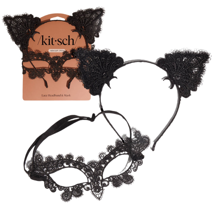 Lace Headband & Mask 2pc Set - Black Cat KITSCH Lace Headband & Mask 2pc Set - Black Cat Bonjour Fete - Party Supplies