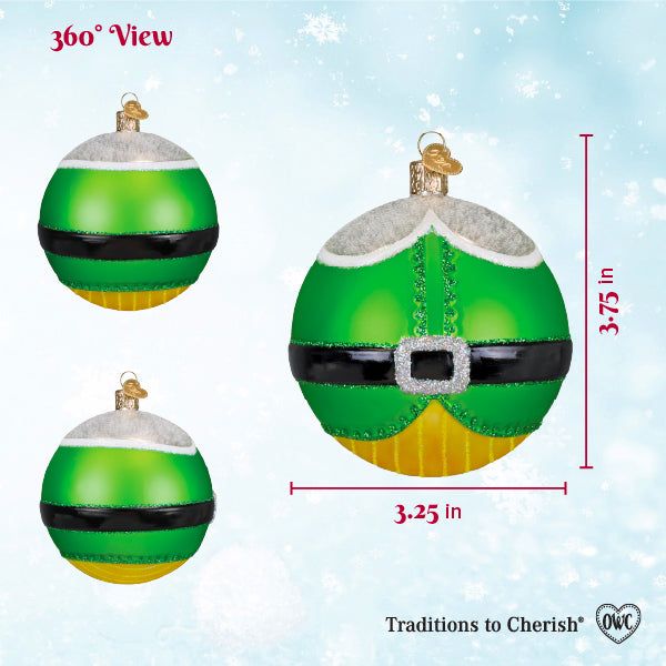 360 view chart of the elf ball ornament from three angles, marked 3.75 inches tall and 3.25 inches wide