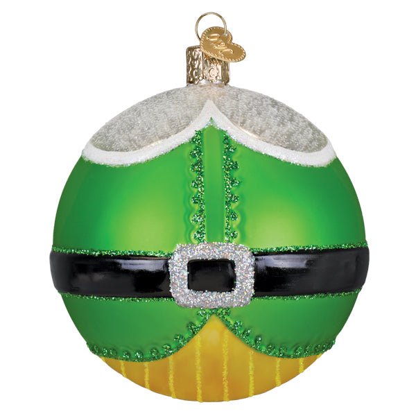 Front of the green elf ball ornament with a white collar, black belt, and silver buckle above yellow stripes, on white
