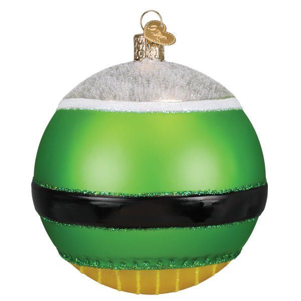 Back of the elf ball ornament showing the black belt wrapping around the green body, on white