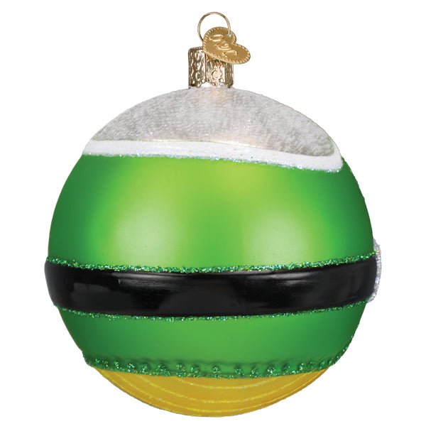 Side view of the green elf ball ornament with its frosty collar and striped yellow base, on white