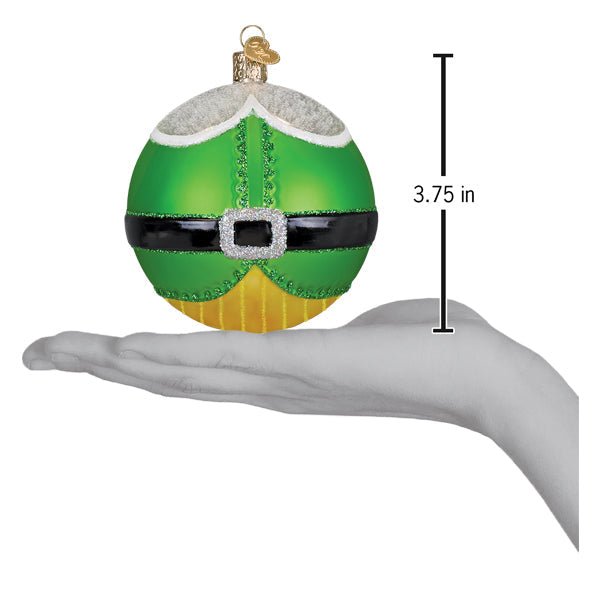 Elf ball ornament on an open palm beside a 3.75 inch height marker
