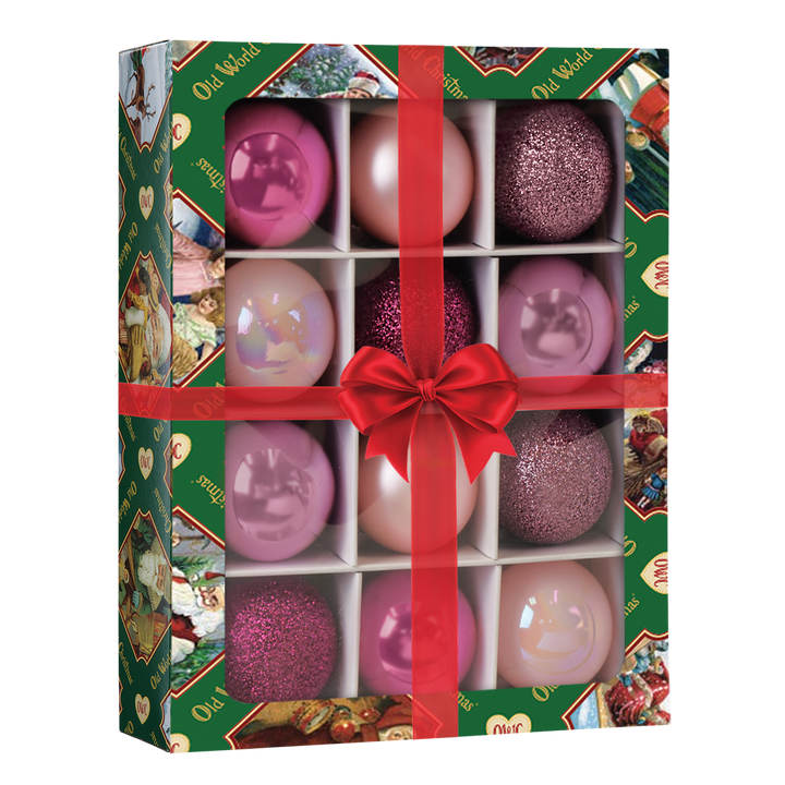 Boxed set of twelve pink mini ball ornaments in shiny, matte, and glitter finishes, front view
