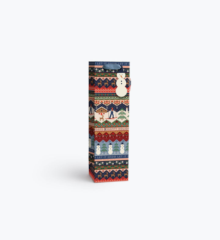 Ski Chalet wine bottle gift bag in knit print, part of the coordinating holiday gift wrap collection
