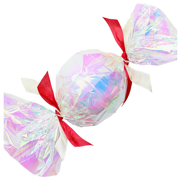 Pearl white bon bon surprise ball in iridescent wrap with red and ivory ribbons for a stocking stuffer