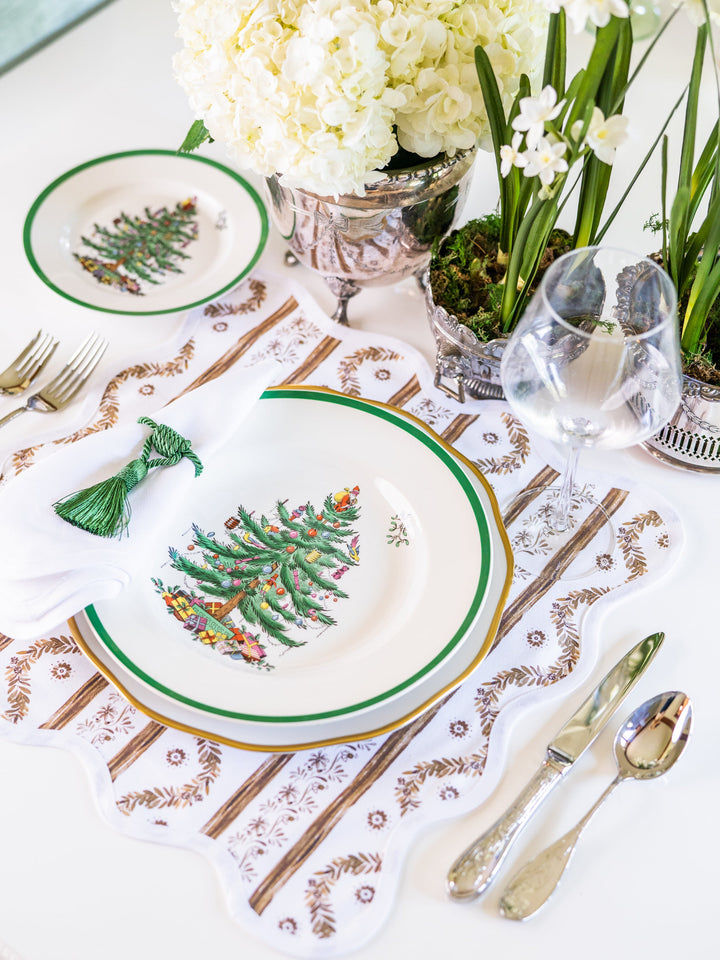 Square scalloped placemat in the Boxwood Garden print, espresso, by Frances Fields Home