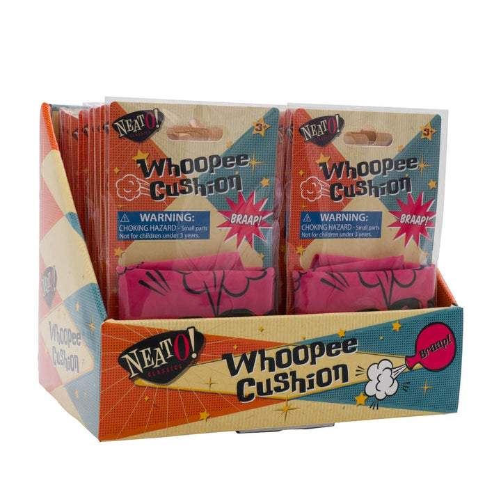 Retro Neato display box filled with carded whoopee cushions for party favor and prize bins
