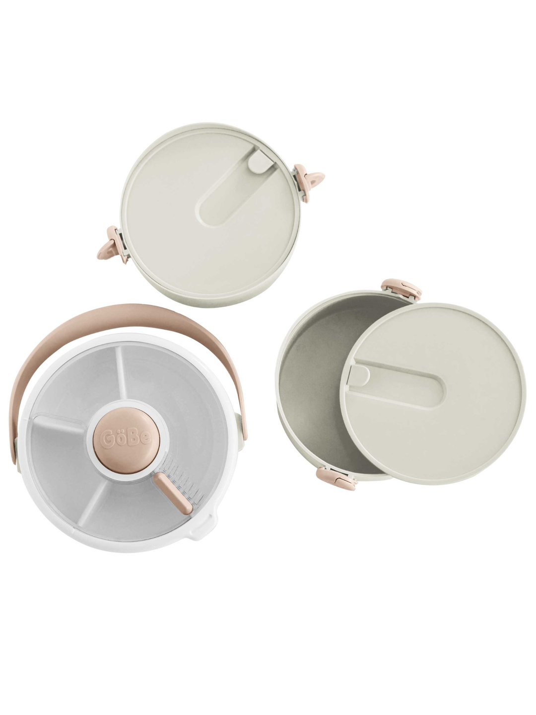 Cream Lunch Stack taken apart into its lid, snack spinner, and two meal compartments