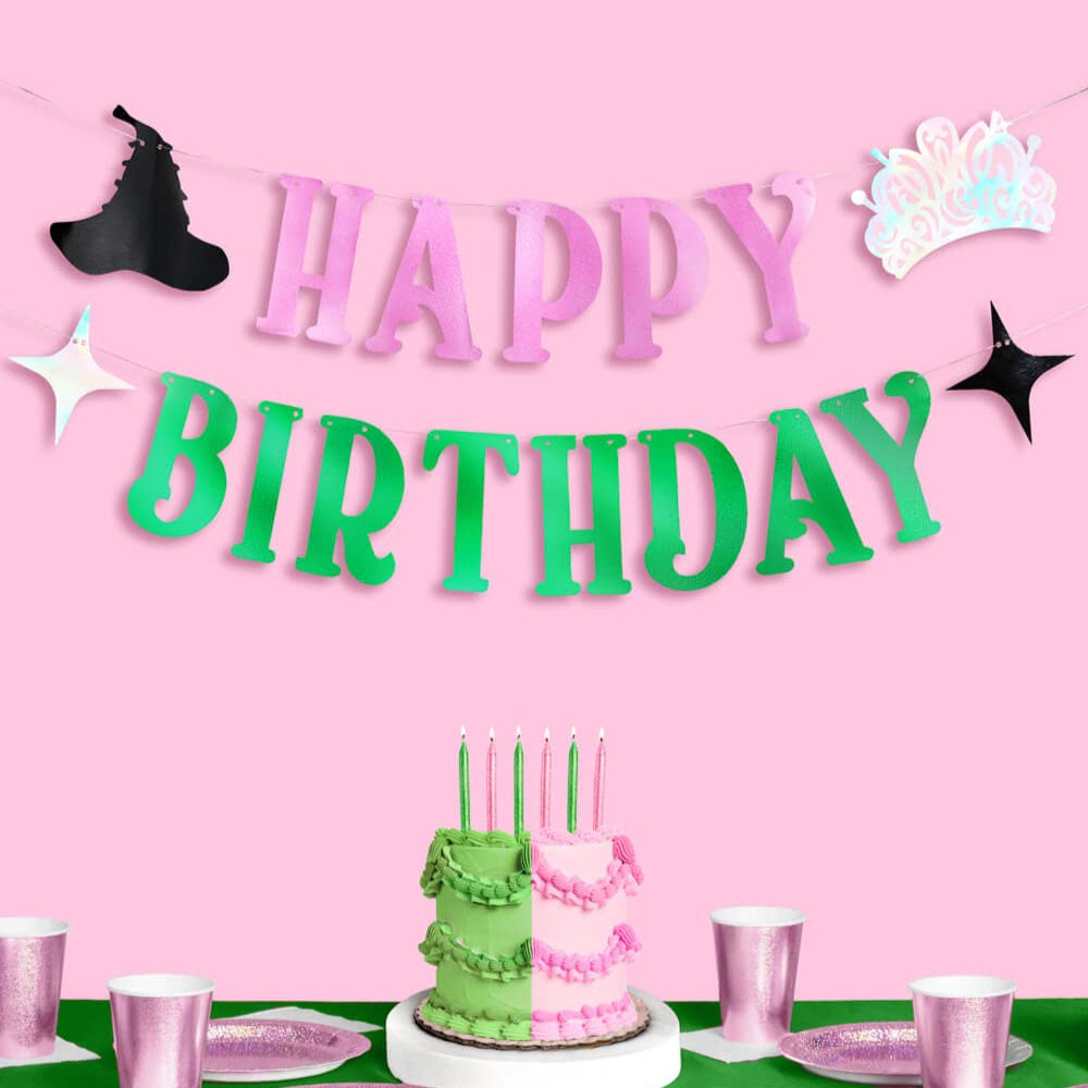 Birthday Witch Banner - pink + green foil banner, Emerald, Wizard xo, Fetti Birthday Witch Banner - pink + green foil banner, Emerald, Wizard Bonjour Fete - Party Supplies