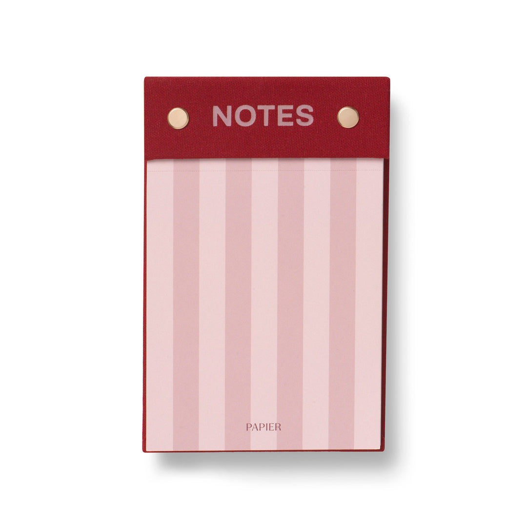 Bloom notepad with red linen Notes header and pink striped sheets, a desk ready teacher gift
