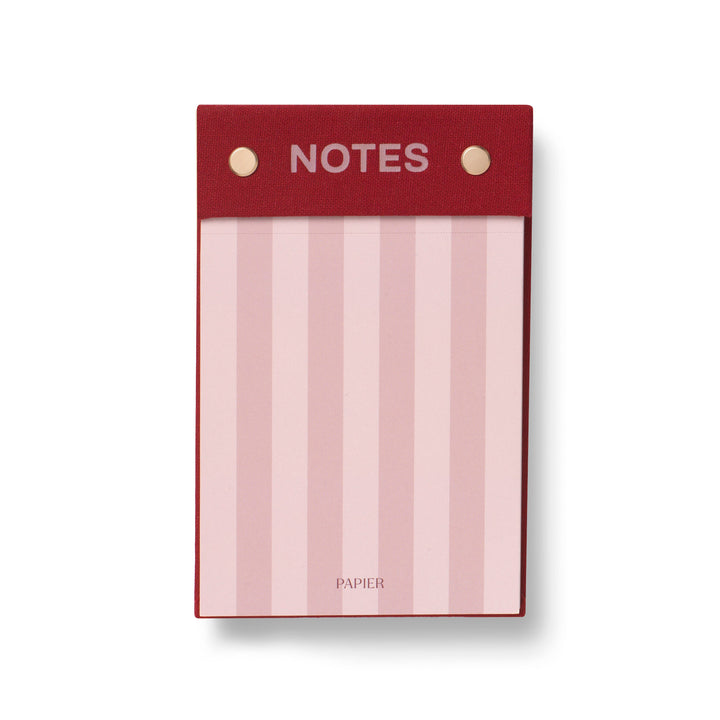 Bloom notepad with red linen Notes header and pink striped sheets, a desk ready teacher gift