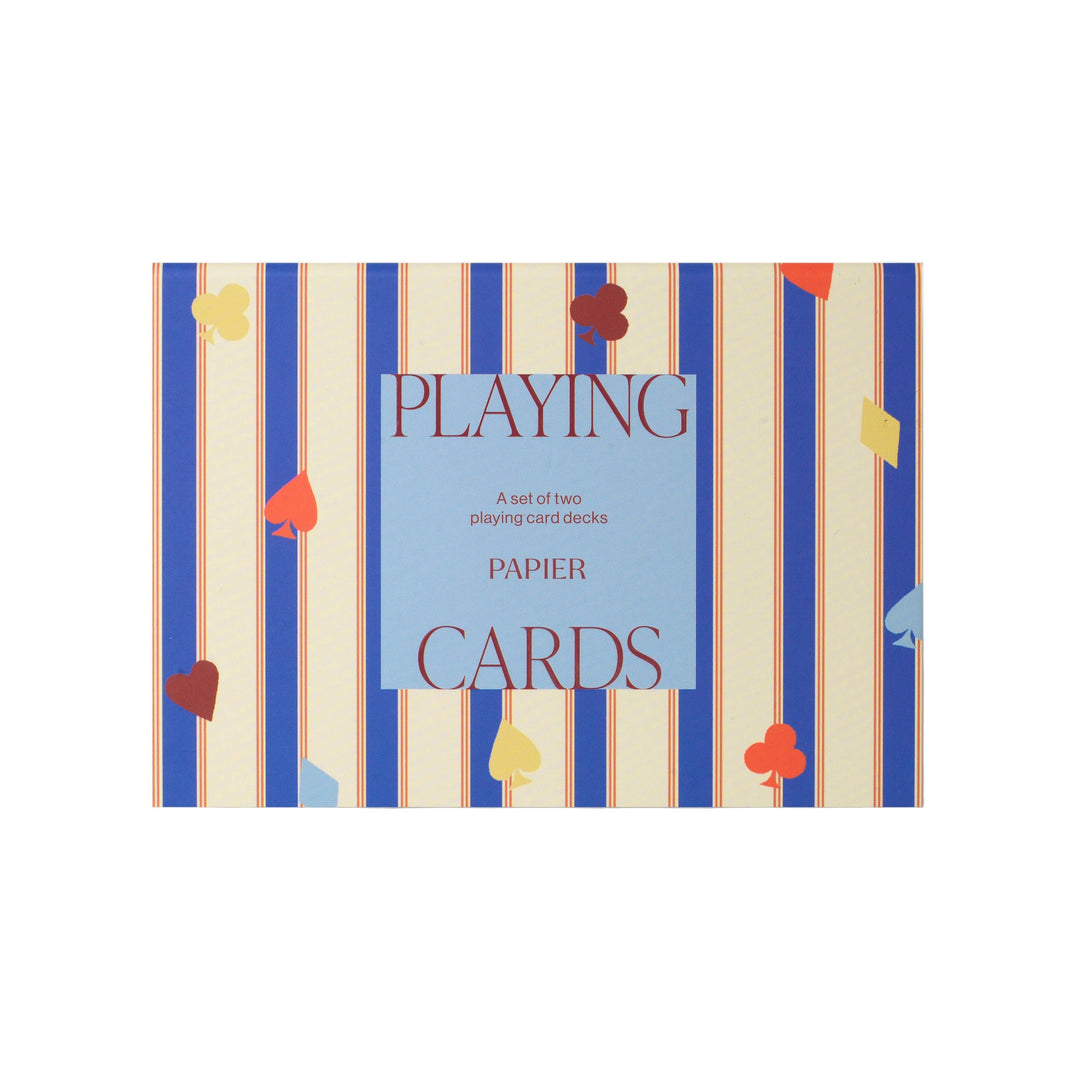Suits and Stripes playing cards box in blue and cream stripes with scattered suit symbols, a game night gift