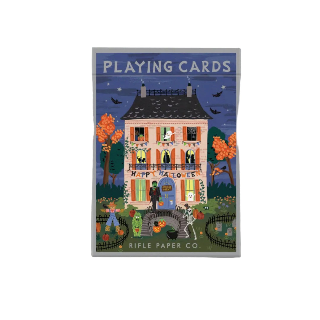 Haunted House playing cards tuck box with illustrated Halloween mansion, skeleton, and Frankenstein characters