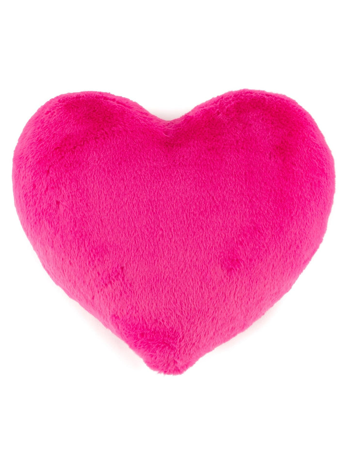 A bright hot pink plush heart-shaped pillow on a solid white background.