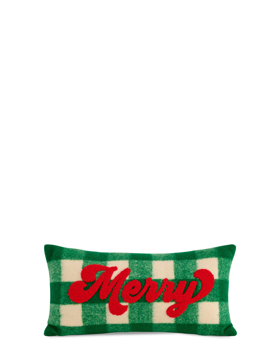 Green and cream check lumbar pillow with red Merry embroidery on white