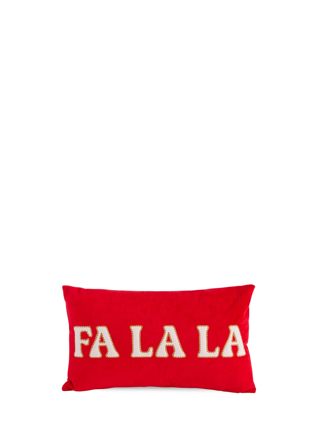 Red Fa La La lumbar pillow with white lettering on white