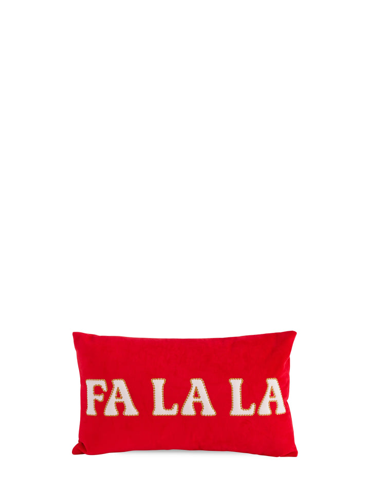 Red Fa La La lumbar pillow with white lettering on white