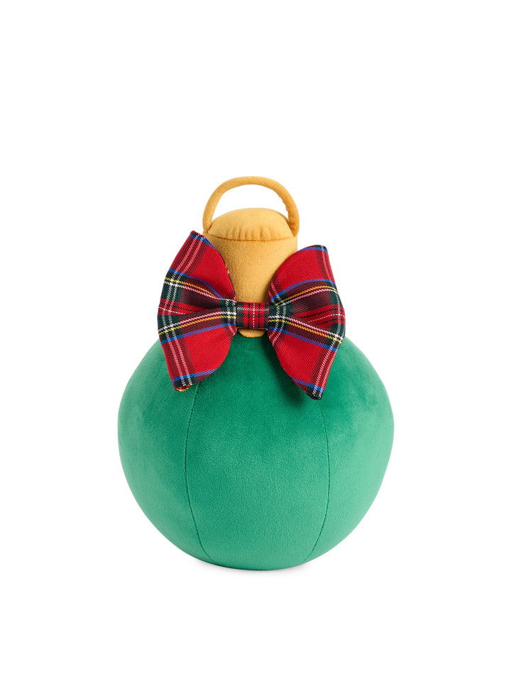Green small ornament pillow with a tartan bow on white
