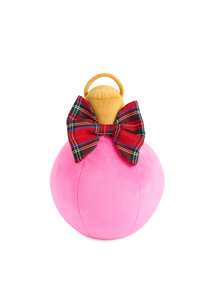 Pink small ornament pillow with a tartan bow on white