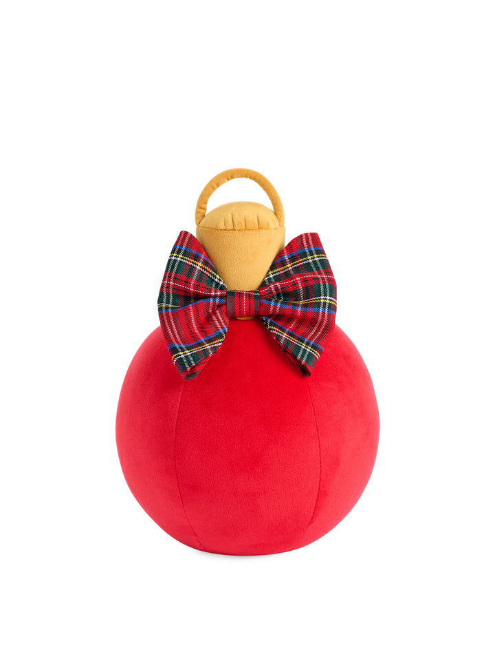 Red small ornament pillow with a tartan bow on white