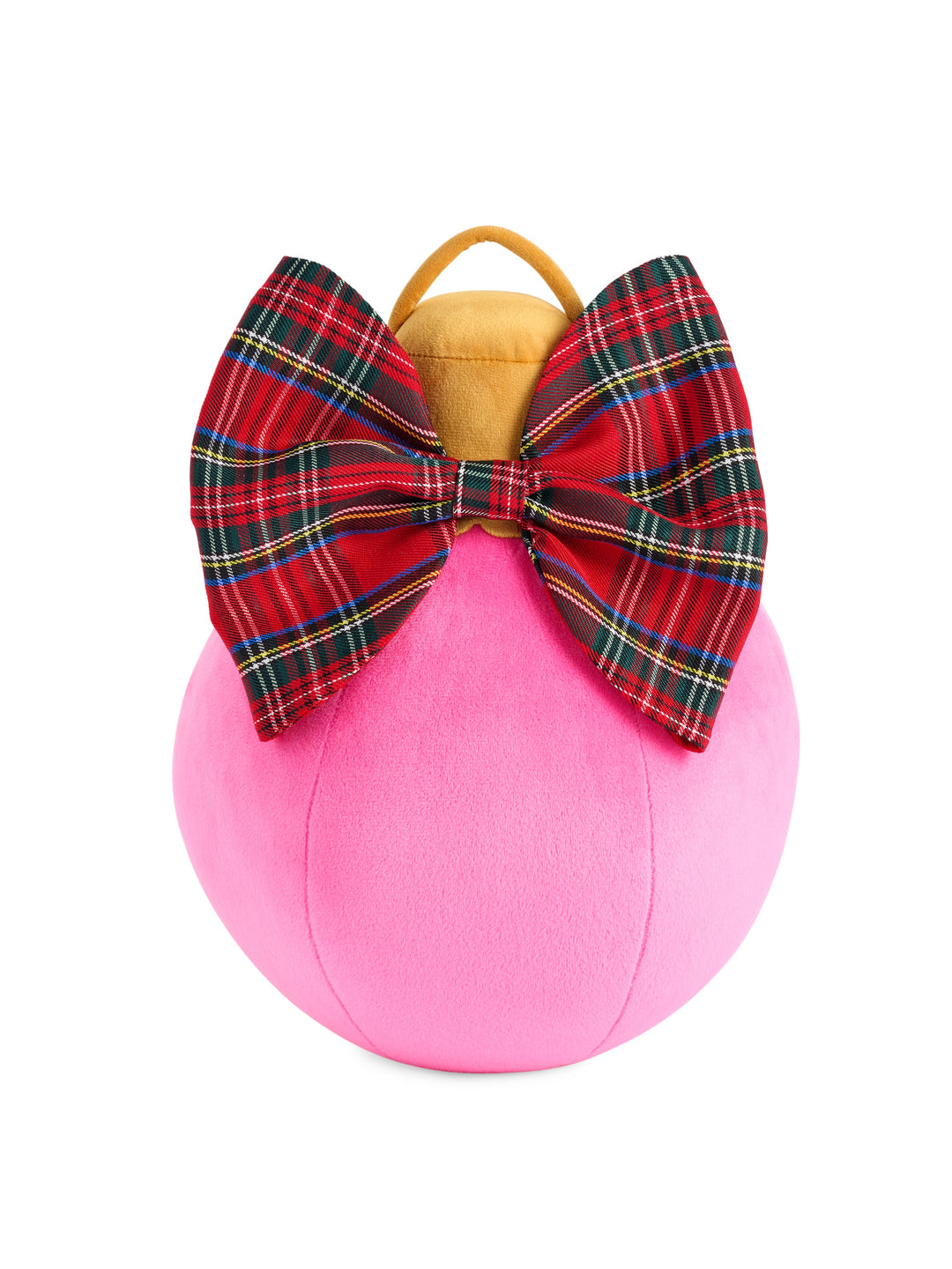 Pink medium ornament pillow with a red tartan bow on white