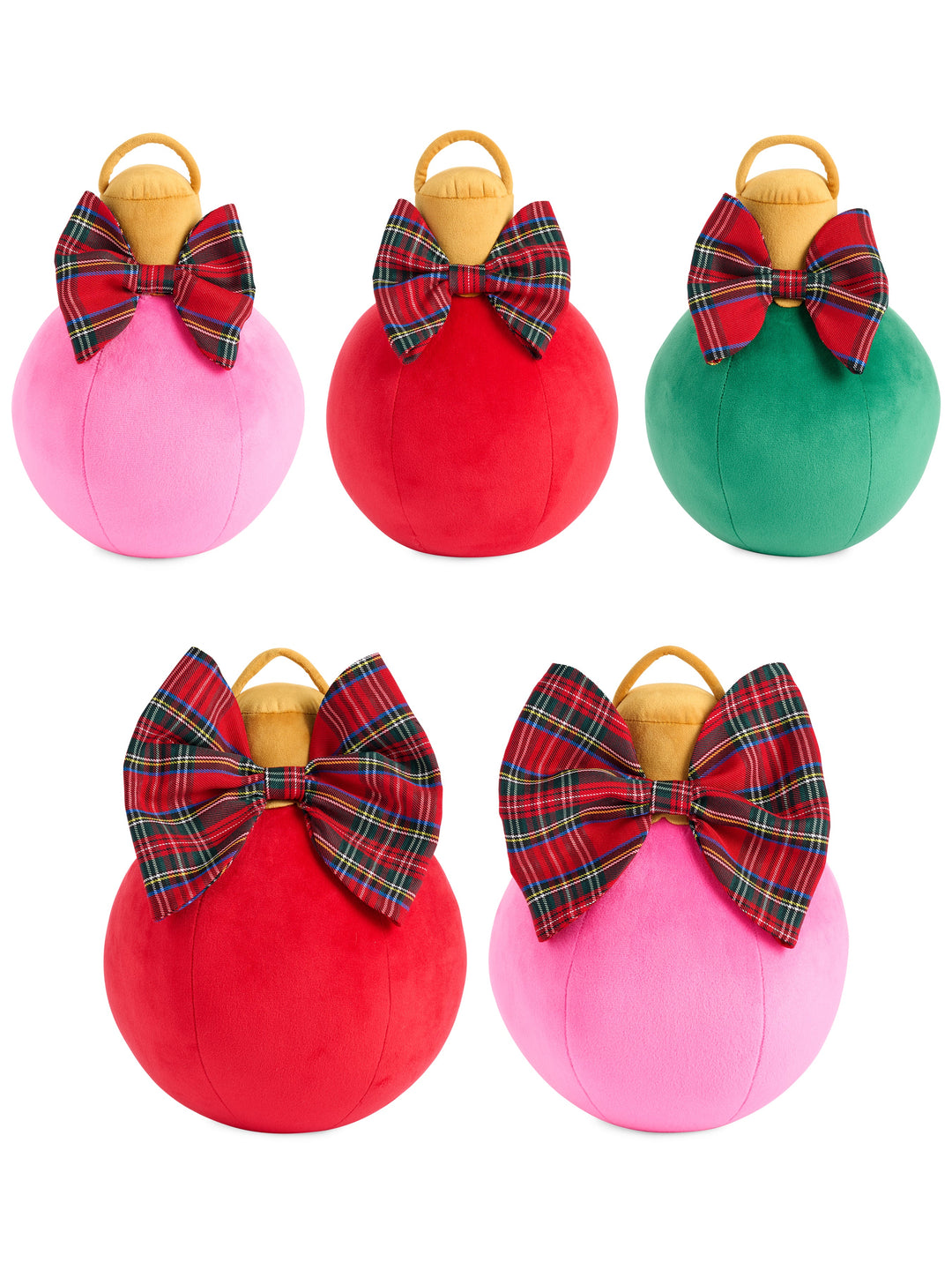 Set of 5 pink, red, and green bauble pillows with tartan bows on white