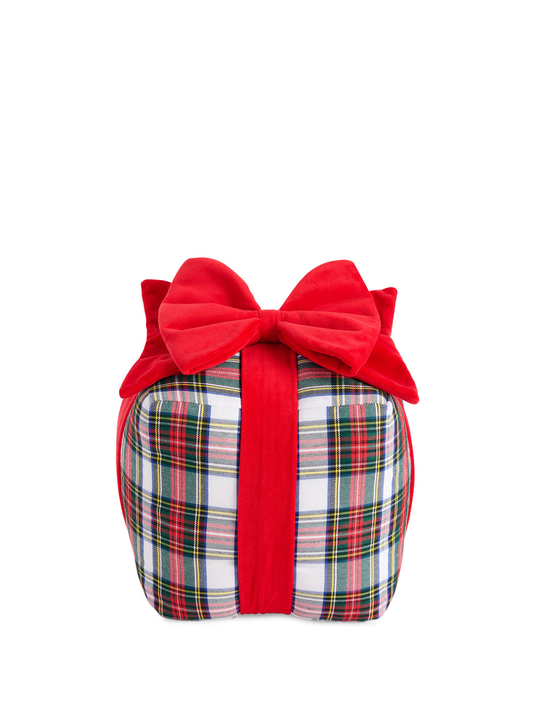 Ivory tartan medium gift box pillow with a red velvet bow