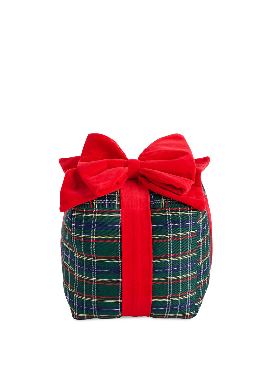Navy tartan medium gift box pillow with a red velvet bow
