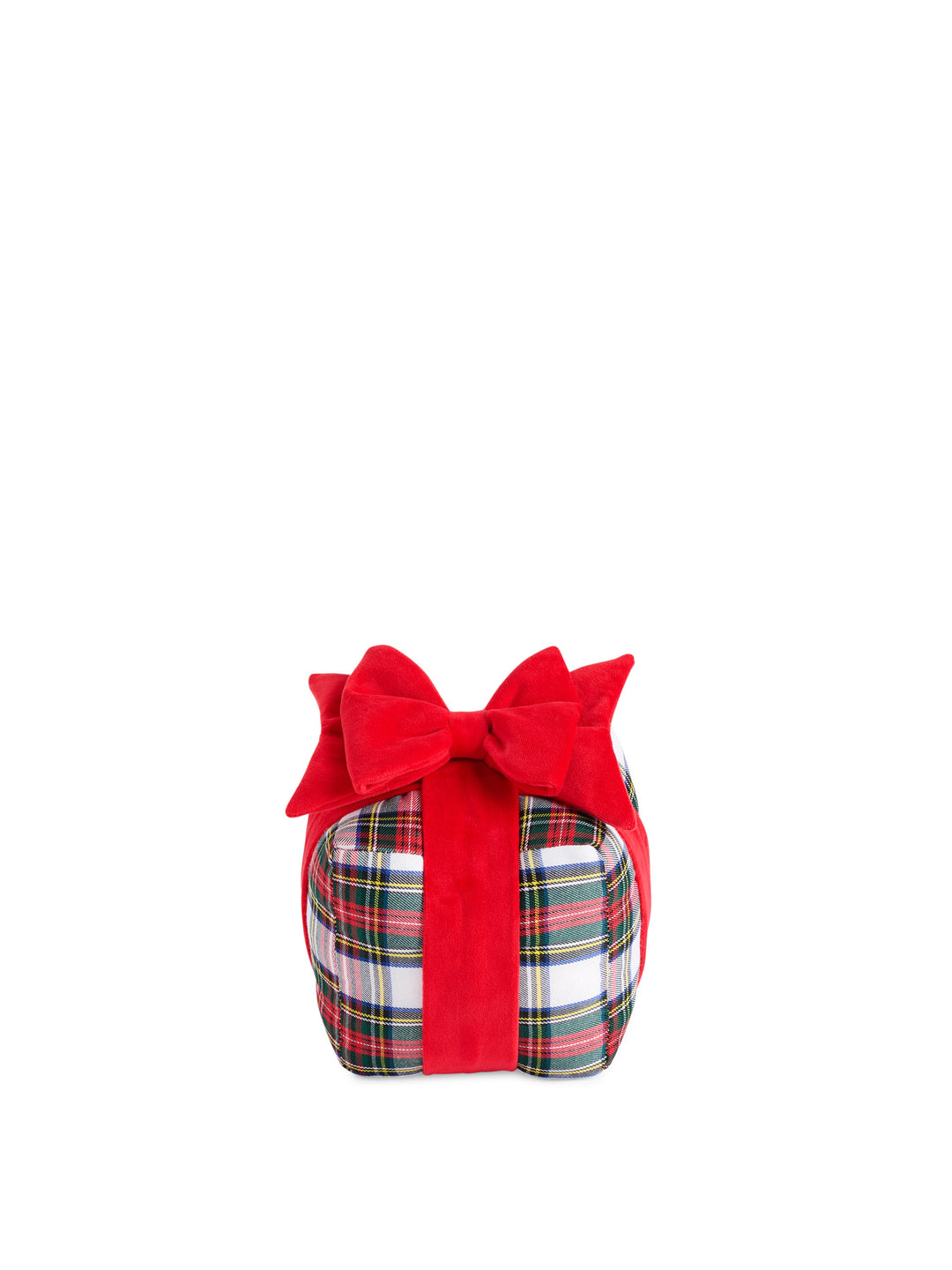 Ivory tartan small gift box pillow with a red velvet bow