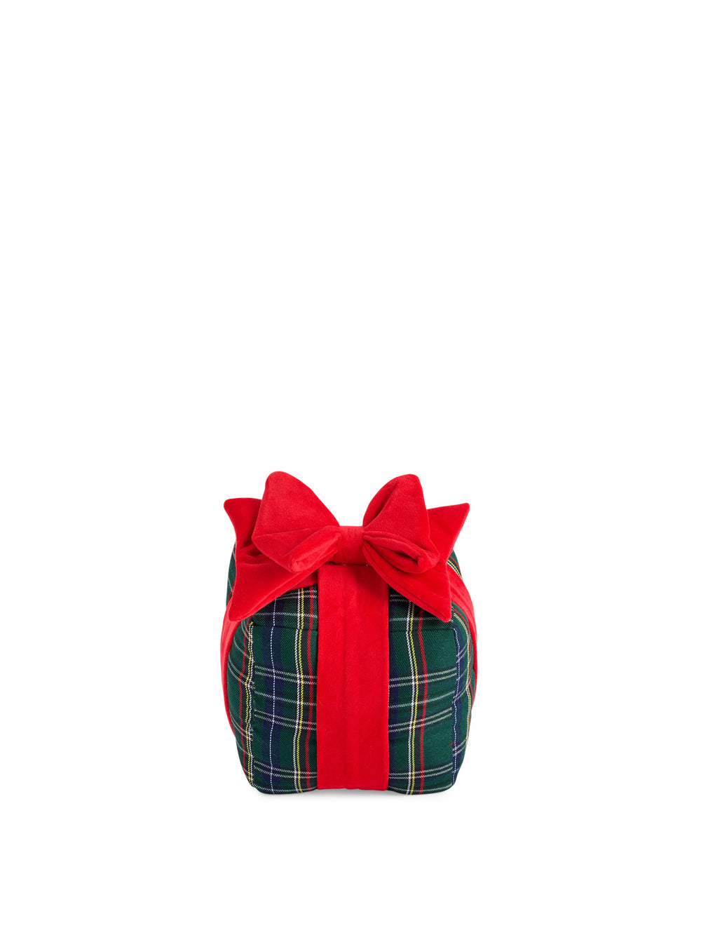 Navy tartan small gift box pillow with a red velvet bow