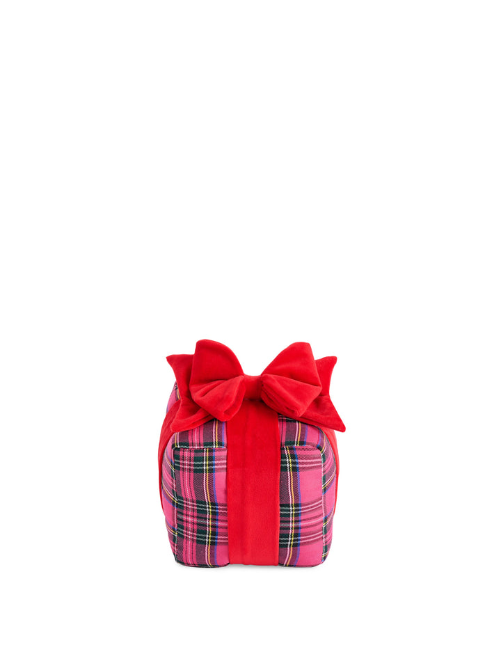 Pink tartan small gift box pillow with a red velvet bow