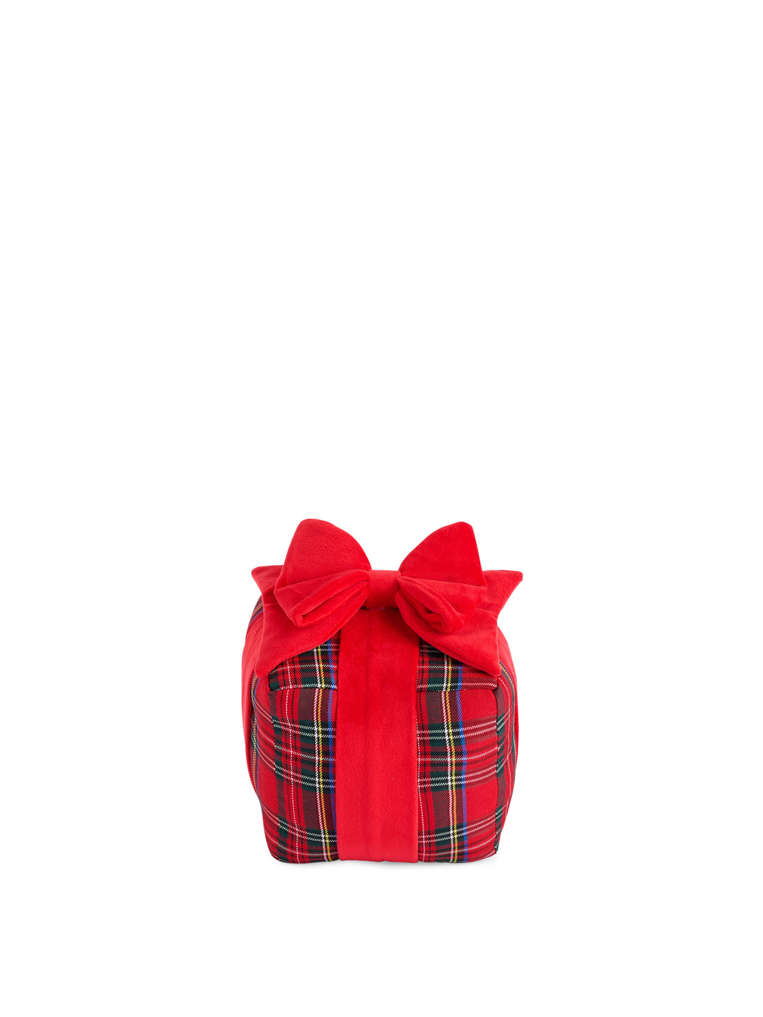 Red tartan small gift box pillow with a red velvet bow