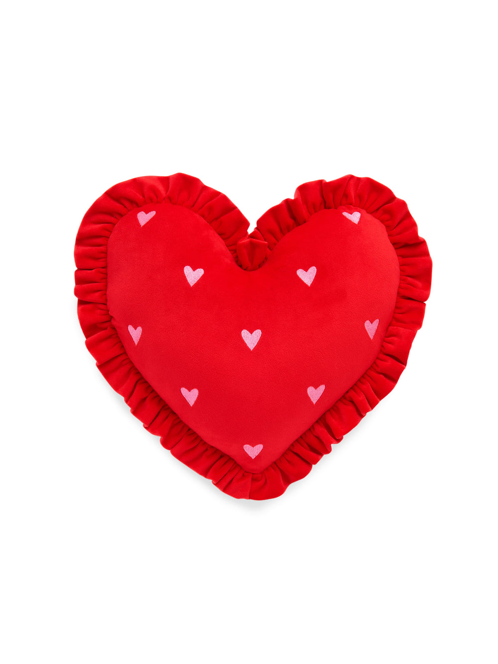 Red ruffle heart pillow with small pink hearts on white