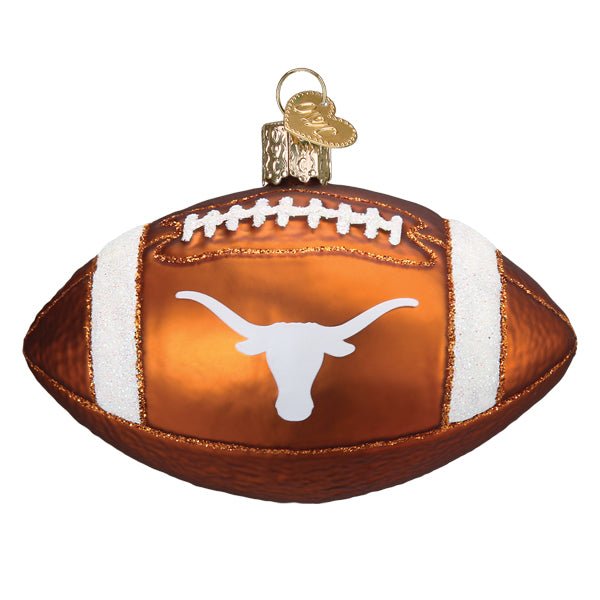 Texas Longhorns football glass ornament, front view, brown ball with white stripes, laces, and longhorn logo on white