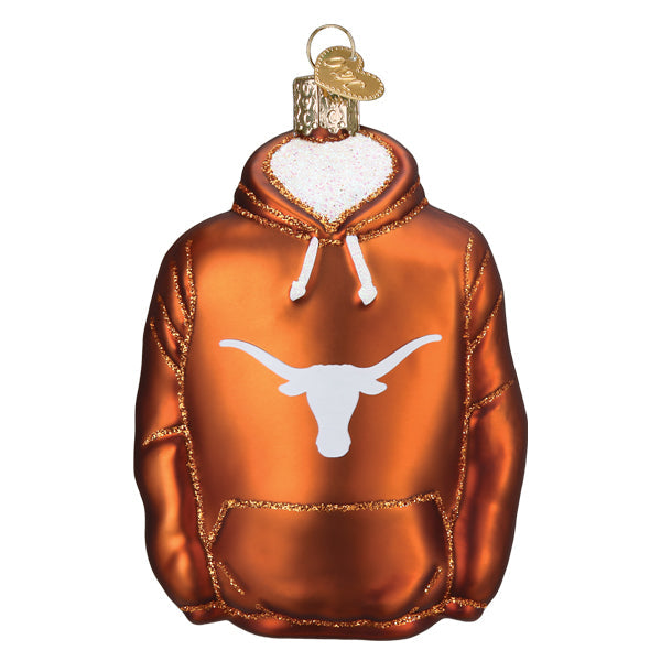 Burnt orange Texas Longhorns hoodie glass ornament with white Longhorn logo and drawstrings, on white