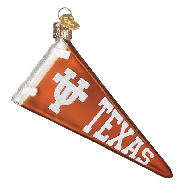 Texas Longhorns pennant glass ornament, front view, burnt orange flag with white UT monogram and TEXAS on white
