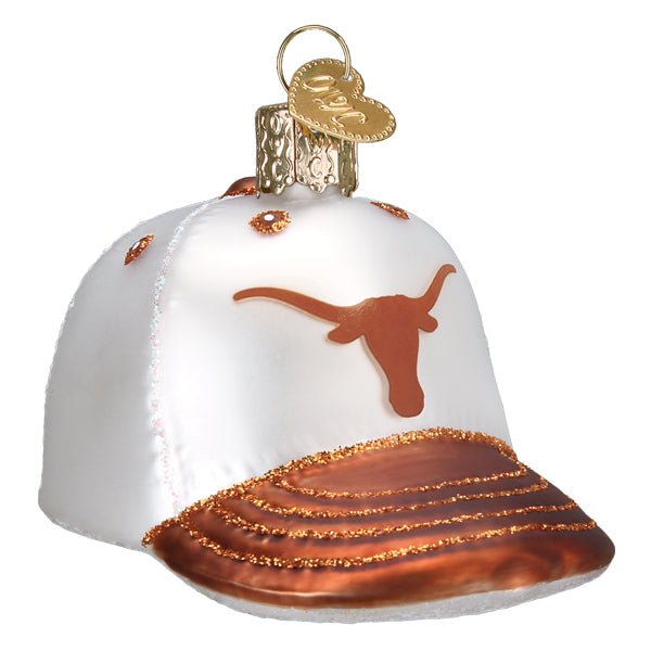 Texas Longhorns baseball cap glass ornament, front view, white crown with burnt orange longhorn and orange brim on white
