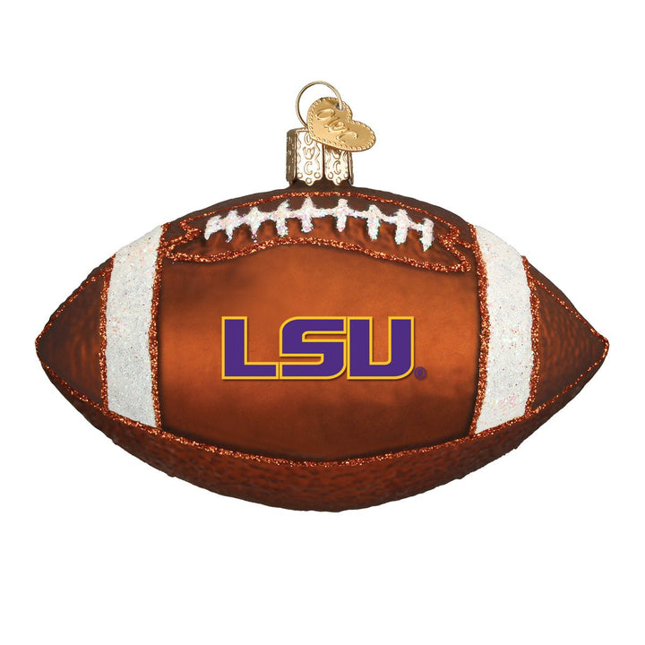LSU football glass ornament, front view, brown ball with white stripes and laces and purple LSU letters on white