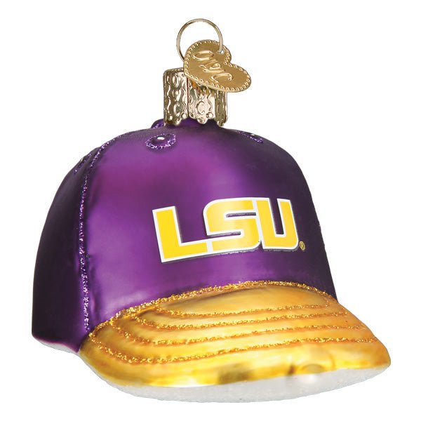 LSU baseball cap glass ornament, front view, purple crown with gold LSU letters and a glittered gold brim on white