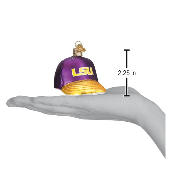 LSU baseball cap ornament on an open hand with a 2.25 inch height marker for scale