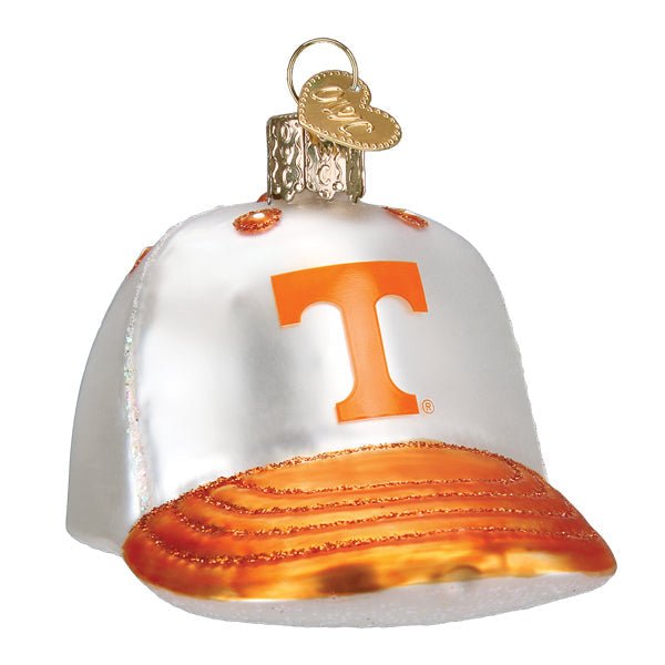 Tennessee baseball cap glass ornament, front view, white crown with orange T and glittered orange brim on white