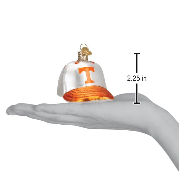 Tennessee baseball cap ornament on an open hand with a 2.25 inch height marker for scale