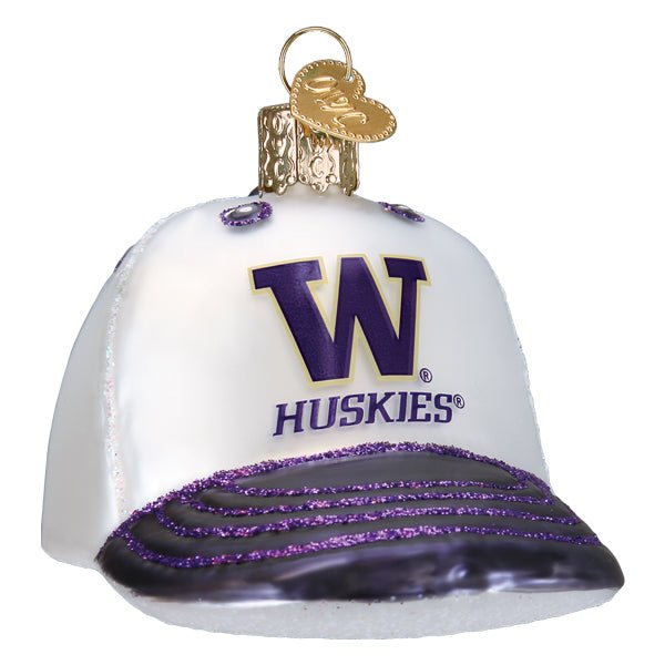 Washington cap ornament, front three-quarter view with purple W and HUSKIES wordmark on white, purple brim, on white