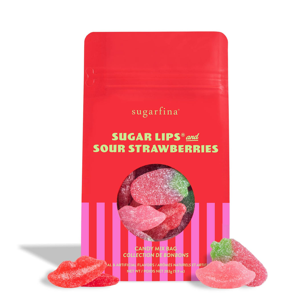 Red packaging of sugarfina candy mix bag with 'Sugar Lips' and 'Sour Strawberries' text on a white background.